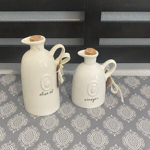 White Ceramic Oil and Vinegar Dispenser Set Rae Dunn HTF as a set NWT